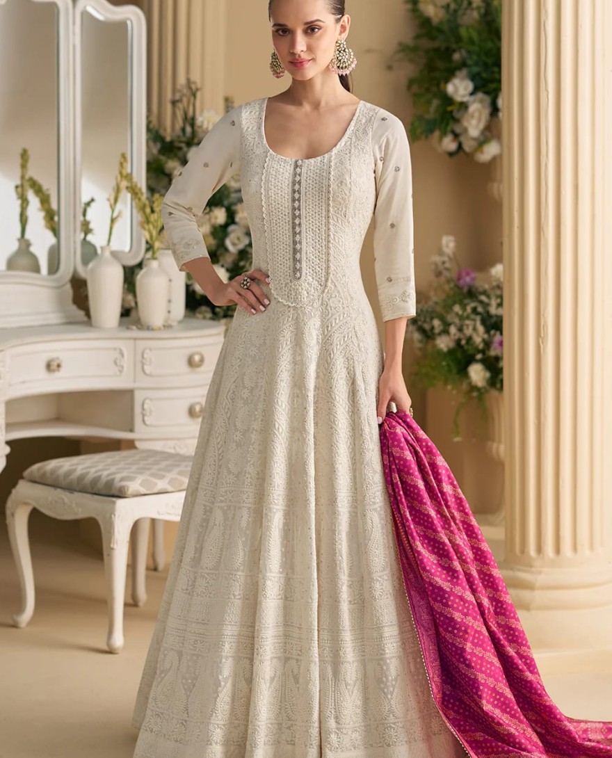 WHITE - White Chikankari Embroidered Wedding Festive Anarkali Gown